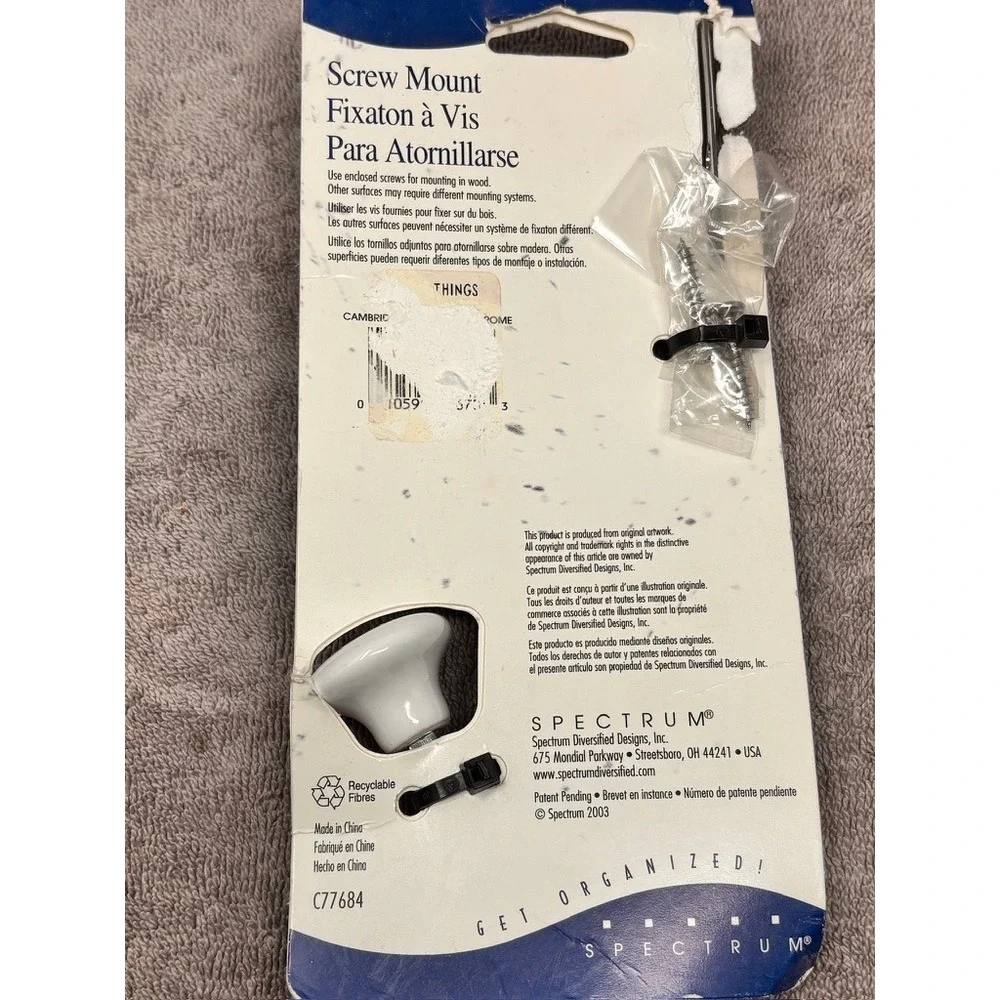 Vtg Cambridge Wall Hook Silver White NEW Chrome Ceramic Single Screw Mount